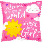 Pink baby girl welcome balloon with sun and clouds