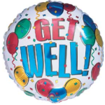 Round balloon with "GET WELL!" text and colorful balloon graphics