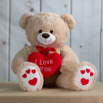 Beige teddy bear holding a red heart that reads I Love You with red hearts on its paws.