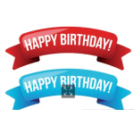 Red and blue birthday ribbon graphics with white text