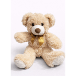 Plush teddy bear with a gold ribbon bow