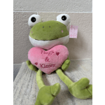 Plush frog holding a pink heart with "Hugs & Kisses" text