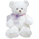 White teddy bear with a lavender ribbon bow