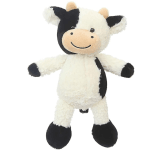 Black-and-white plush cow toy with a smiling face