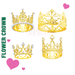 Four gold decorative crowns with pearl accents on a white background