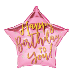 Pink star-shaped birthday balloon with gold lettering