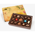 Box of assorted chocolates with a floral-patterned lid
