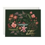 Birthday card with pink floral illustration and gold lettering