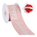 Pink ribbon spool and a bouquet of red roses wrapped in white paper