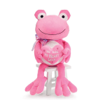 Pink plush frog holding a heart, seated on a small white stool