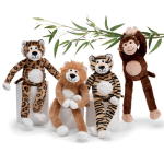 Four plush animal toys posed with a leafy branch overhead