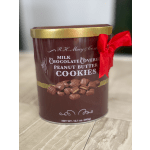 Tin of milk chocolate covered peanut butter cookies with a red ribbon