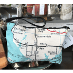 Map-print zip pouch with a black wrist strap