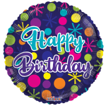 Round birthday balloon with colorful confetti and "Happy Birthday" text