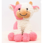 Pink and white plush llama toy with a smiling face