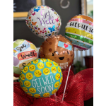 Cluster of colorful get well balloons with red mesh wrap