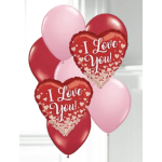 Cluster of pink and red balloons with two heart-shaped "I Love You" balloons