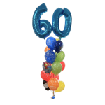 Cluster of birthday balloons with large blue "60" numerals