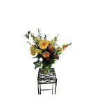 Mixed bouquet in a glass vase on a decorative black stand