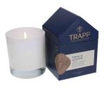 Lit white candle beside a navy fragrance box