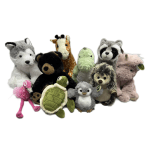 Assorted plush animals including a wolf, bear, giraffe, turtle, and raccoon