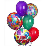 Cluster of colorful birthday balloons, including printed Happy Birthday balloons