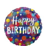 Round foil balloon with "Happy Birthday" text in bright multicolor design