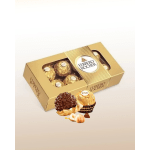 Box of Ferrero Rocher chocolates with two wrapped chocolates shown in front