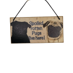 Hanging sign with two pug illustrations and text