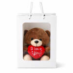 Brown teddy bear holding a red heart in a white gift bag