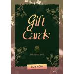 Dark green floral-themed gift card design with large 'Gift Cards' text and a buy now button.