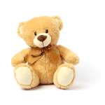 Plush teddy bear with a ribbon bow on a white background