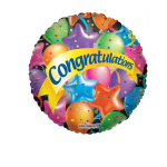 Round multicolor balloon with "Congratulations" text and confetti graphics