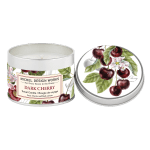 Two cherry-scented candles in round metal tins with floral cherry artwork