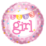 Pink balloon with "baby girl" text and polka dots