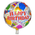 Round birthday balloon with colorful confetti and "Happy Birthday" text