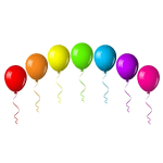 Seven colorful balloons with curly ribbons on a white background