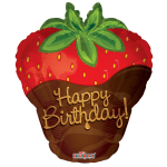 Strawberry-shaped birthday balloon with "Happy Birthday" text