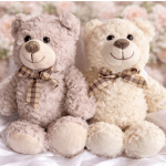 Two plush teddy bears with plaid bows sit side by side.