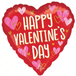 Heart-shaped red Valentine’s Day balloon with pink hearts and text