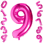 Pink foil number balloons arranged as the digits 0 through 9