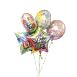 Cluster of colorful birthday balloons including a star balloon