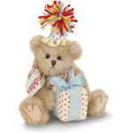 Teddy bear with a party hat and wrapped gift