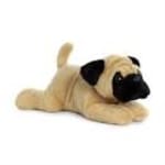 Plush pug dog toy lying down on a white background