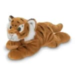 Plush tiger toy lying down on a white background