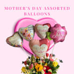 Mother's Day balloon bouquet with heart-shaped pink balloons and flowers below