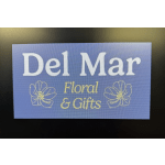 Blue sign reading Del Mar Floral & Gifts with flower outlines