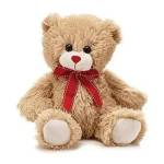 Plush teddy bear with a red ribbon bow