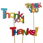 Colorful thank-you sign toppers on wooden sticks