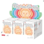 Display of Pop Mart blind box toy packages with a rainbow sign